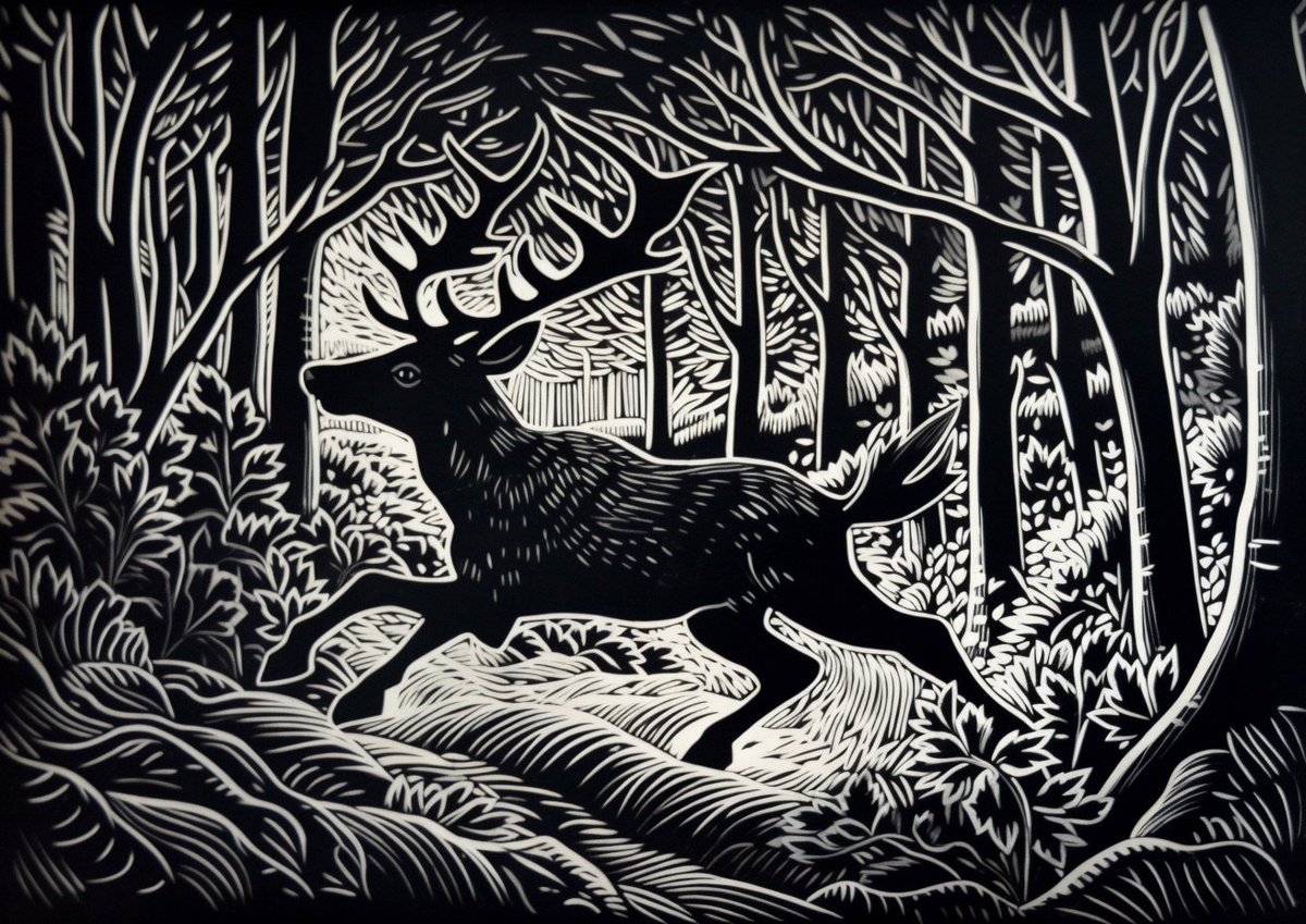 Taoski's tweet image. I have been using #midjourneyv5 to create more linocut designs.  AI does a great job and these could sell as greetings cards.

I love the negative space this style creates; the white outlines around the animals.

Probably a good style to use for children&apos;s book illustration too.