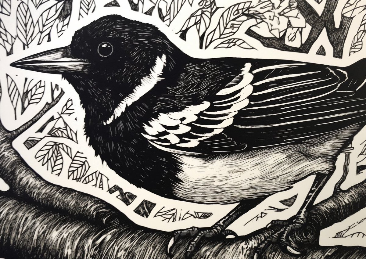 Taoski's tweet image. I have been using #midjourneyv5 to create more linocut designs.  AI does a great job and these could sell as greetings cards.

I love the negative space this style creates; the white outlines around the animals.

Probably a good style to use for children&apos;s book illustration too.