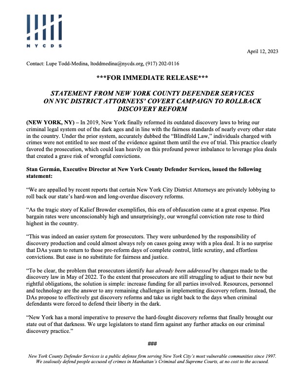 nyc_defenders's tweet photo. We are appalled to learn that NYC prosecutors have waged a covert campaign to sneak in disastrous rollbacks of NY's historic, long-overdue 2019 discovery reforms in this year's budget. Our elected leaders must reject these duplicitous attacks on justice. Our full statement 👇 https://t.co/SDJ3xlSWtb