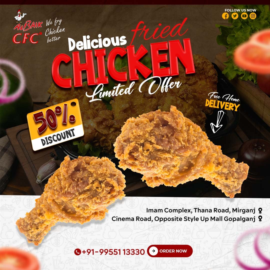 AlBaikCFC's tweet photo. 𝐂𝐇𝐈𝐂𝐊𝐄𝐍
Delicious fried chicken with a 50% discount, Hurry up for the limited offer! Taste the #Delicious_food from the best restaurant in #Gopalganj at the best price.
For Any Query:
☎️Call: +91-9955113330
🌎Address: Cinema Road, Opposite style Up Mall, Gopalganj https://t.co/pViqGyQ5nV