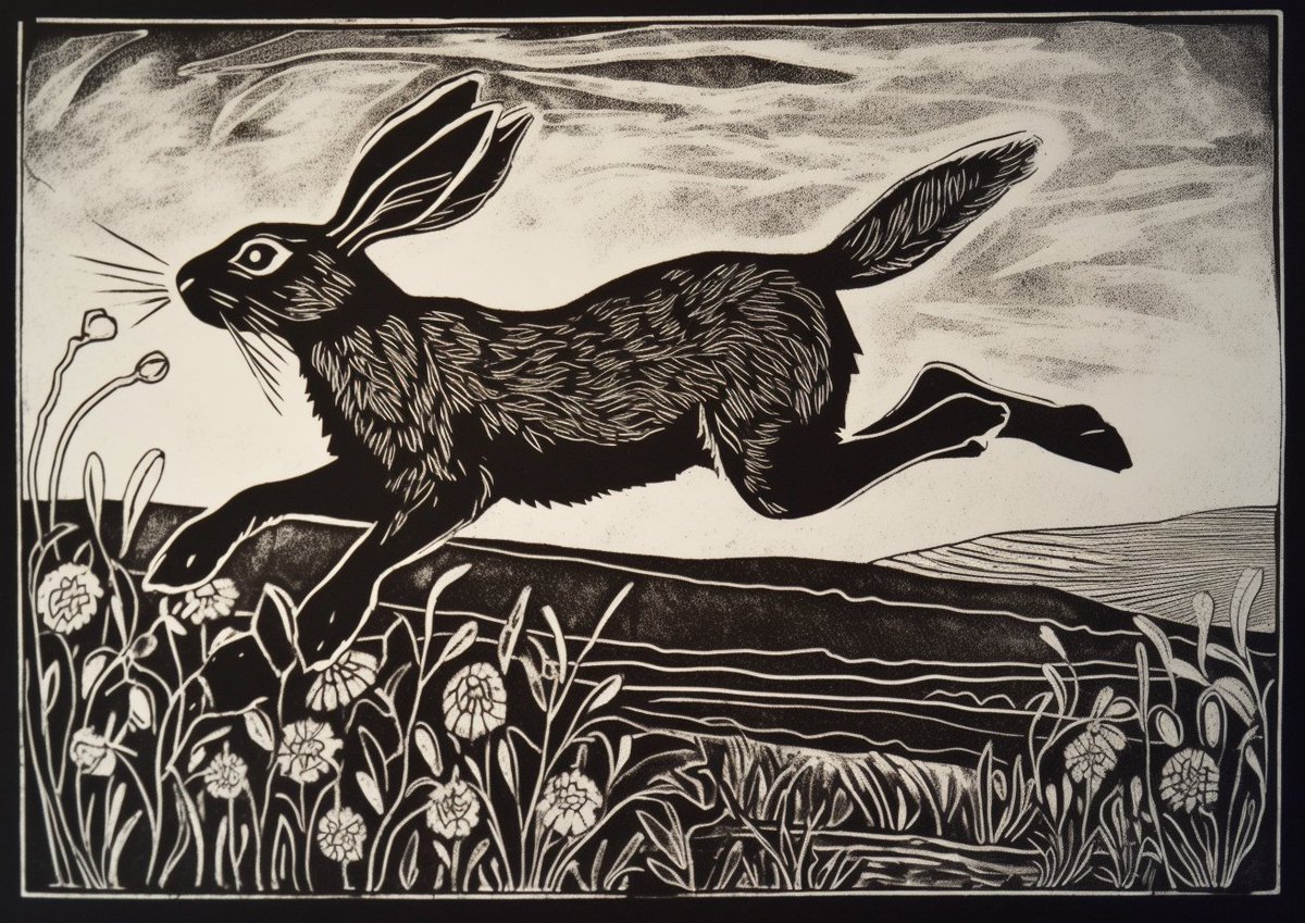 Taoski's tweet image. I have been using #midjourneyv5 to create more linocut designs.  AI does a great job and these could sell as greetings cards.

I love the negative space this style creates; the white outlines around the animals.

Probably a good style to use for children&apos;s book illustration too.