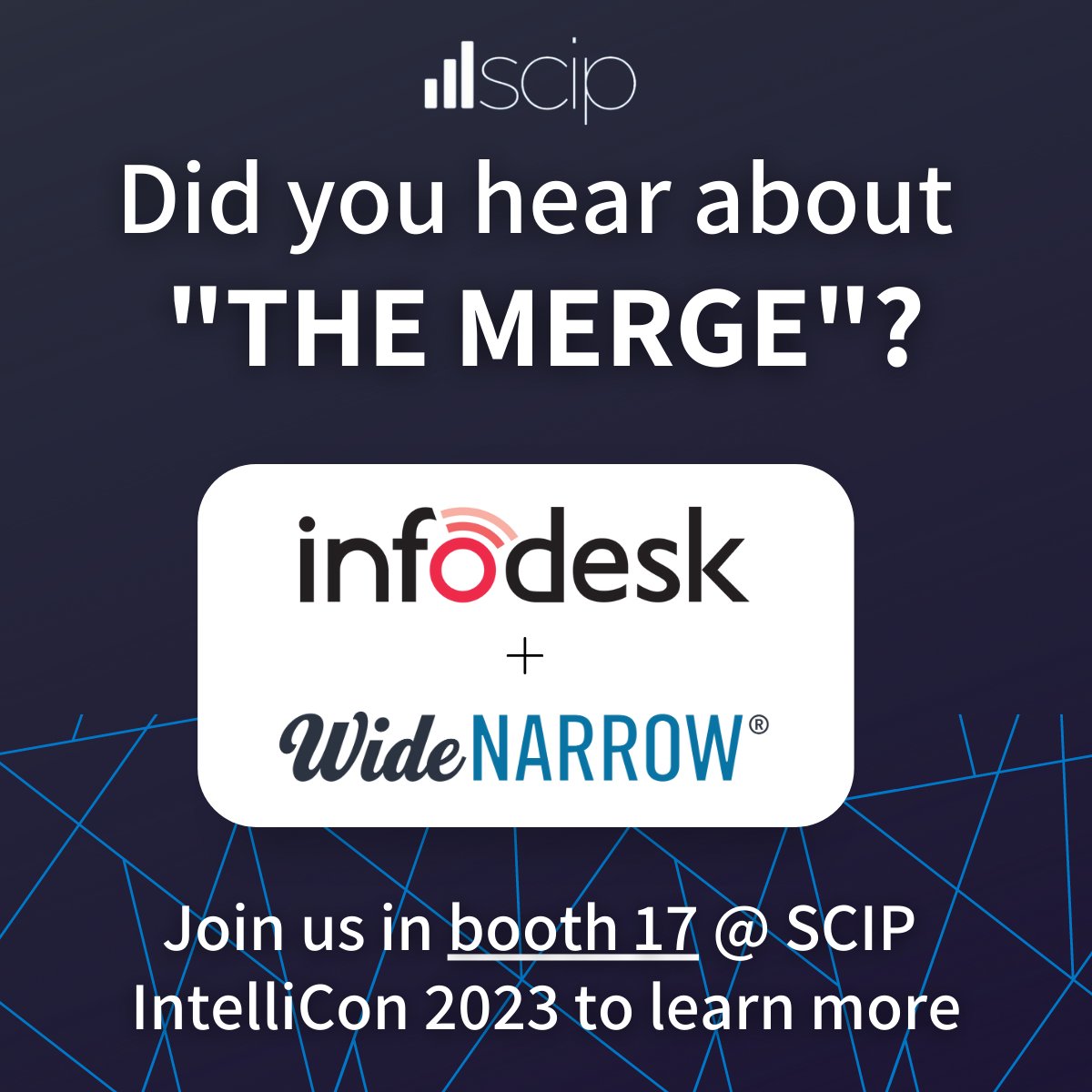 widenarrowcom's tweet image. Did you hear about "THE MERGE"? We are getting a lot of questions about how we are going to shake up #competitiveintelligence.

Join us in booth 17 at #SCIP #IntelliCon 2023 to meet Sam, our new CRO, see our platforms in action, and hear what we have planned!