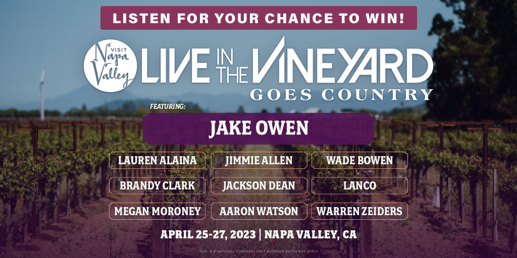 Just listen to #NashFM949 weekdays for the national text keywords for your chance to experience #LITVGoesCountry, provided by @liveinvineyard Goes Country and @VisitNapaValley!