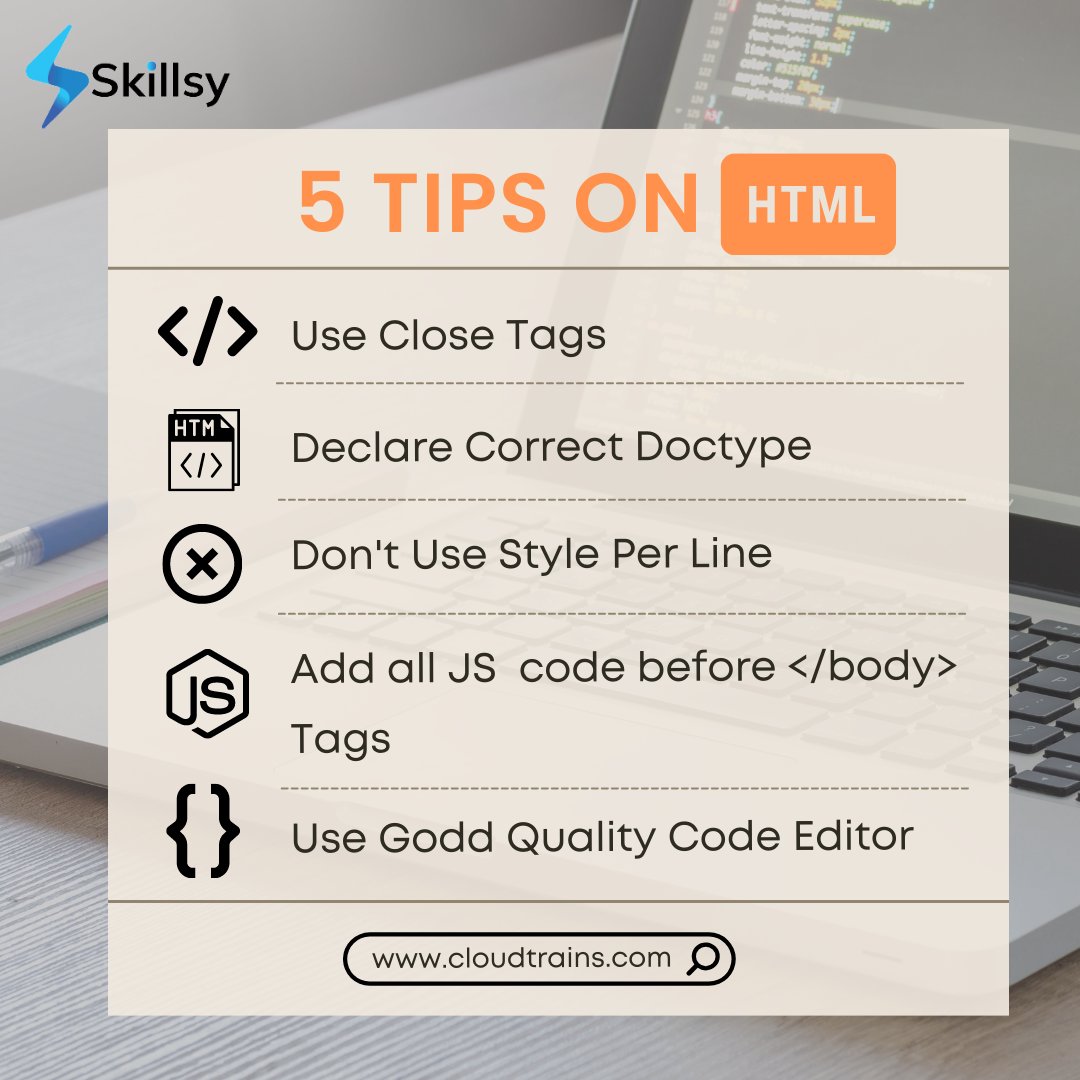 SkillsyEdu's tweet image. Whether you're a seasoned developer or just starting out, these 5 essential tips will help you streamline your workflow, and create cleaner, more effective code.💻
.
.
.
.
#skillsy #education #HTMLtricks #HTML #HTMLbestpractices #codinggoals #SEO #webdesign #codingtips #HTMLtips