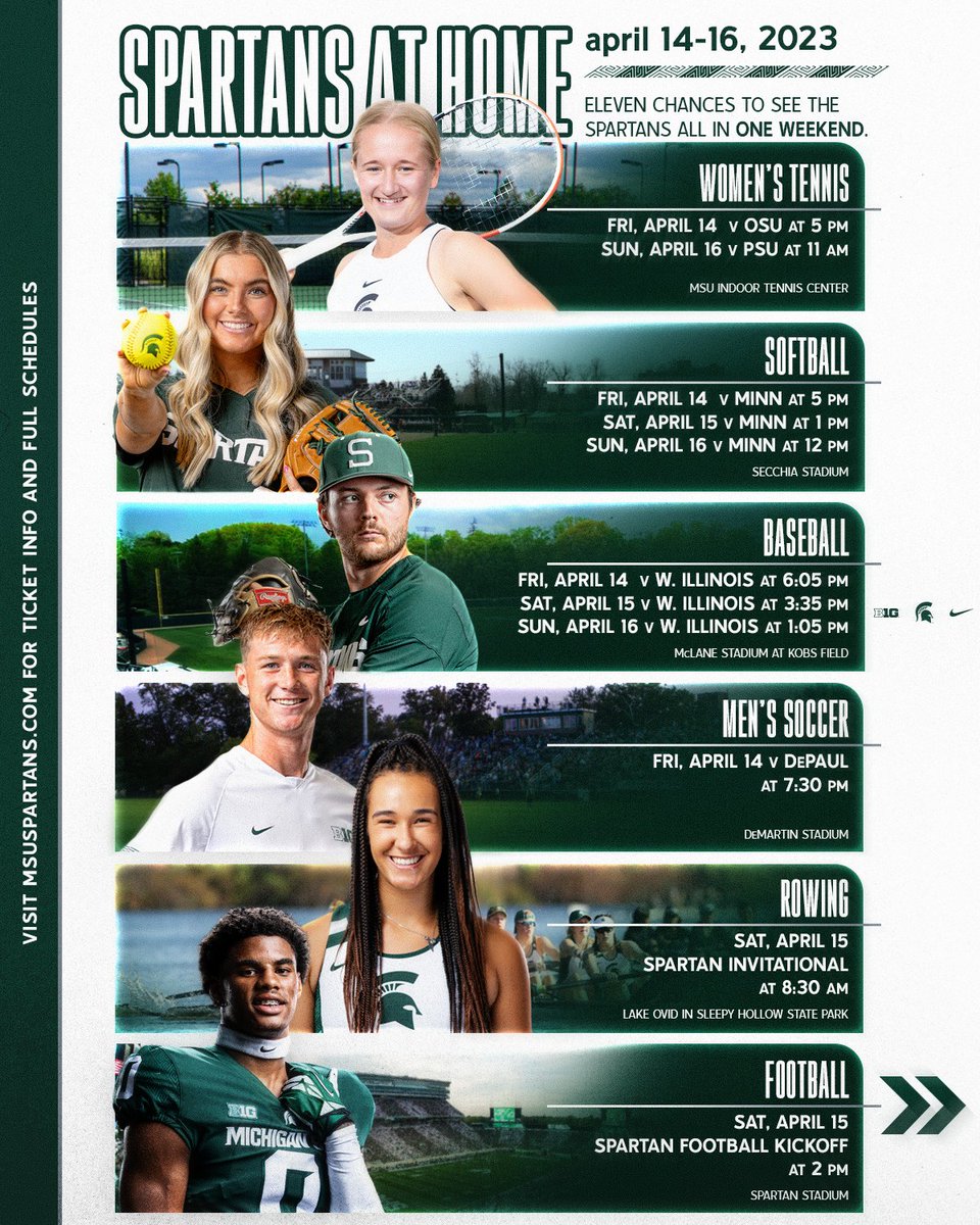 MSU_Athletics's tweet photo. There are 11 chances to see your Spartans at home events this weekend! 

What events are you attending? https://t.co/h5OjekVGfp