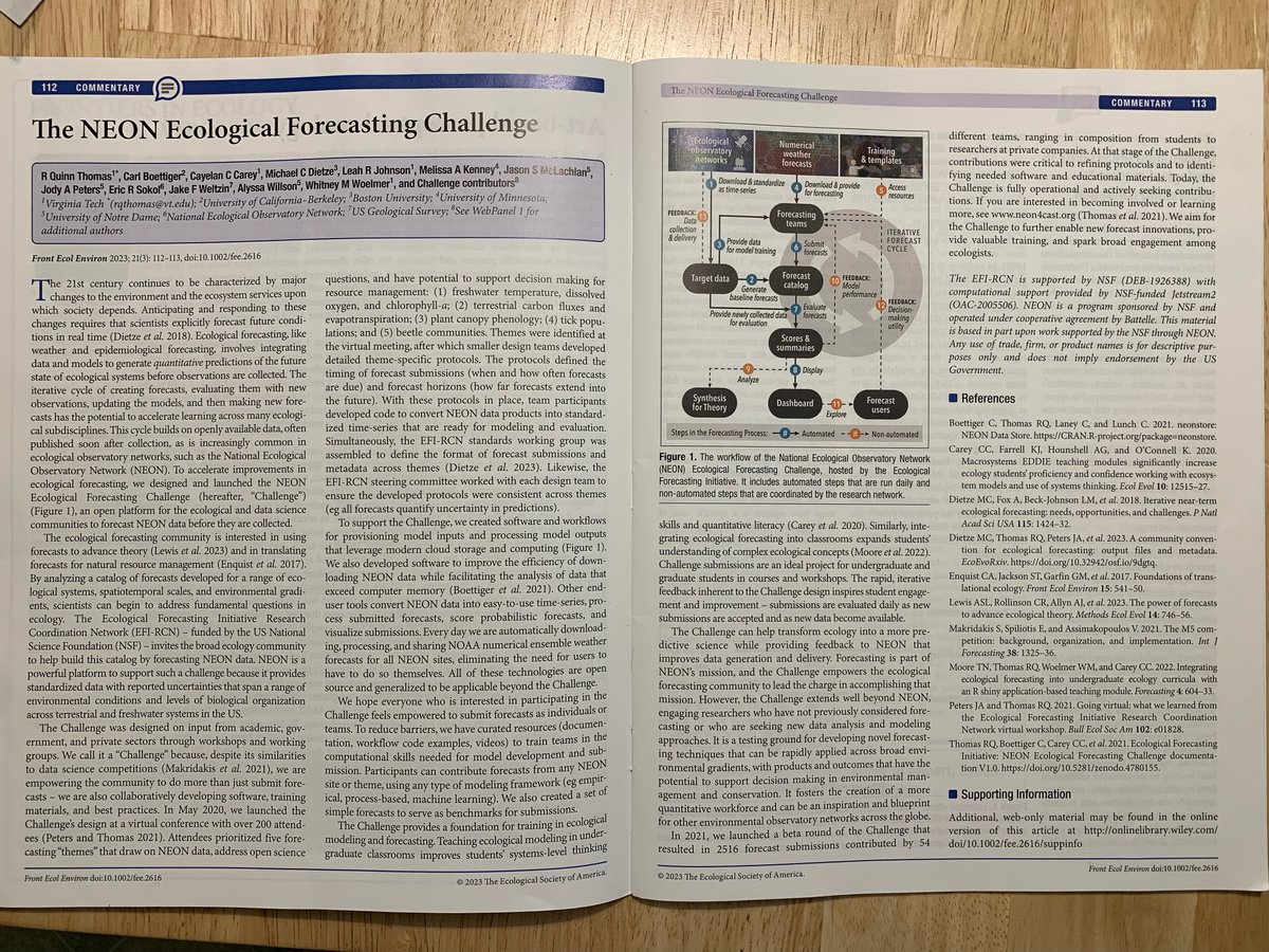 Cayelan Carey (@careylab) on Twitter photo Congrats @rquinnthomas & the rest of the <a href="/NEON_sci/">NEON</a> <a href="/eco4cast/">Ecological Forecasting Initiative</a> team for getting the NEON Forecast Challenge description paper out in <a href="/ESAFrontiers/">ESA Frontiers</a>! As of today, 9560 forecasts have already been submitted to the Challenge by the ecological community: join us! esajournals.onlinelibrary.wiley.com/doi/10.1002/fe… Congrats @rquinnthomas & the rest of the <a href="/NEON_sci/">NEON</a> <a href="/eco4cast/">Ecological Forecasting Initiative</a> team for getting the NEON Forecast Challenge description paper out in <a href="/ESAFrontiers/">ESA Frontiers</a>! As of today, 9560 forecasts have already been submitted to the Challenge by the ecological community: join us! esajournals.onlinelibrary.wiley.com/doi/10.1002/fe…