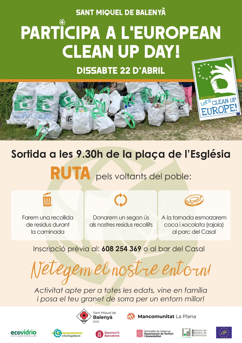 smbalenya's tweet photo. ♻️ 𝗣𝗮𝗿𝘁𝗶𝗰𝗶𝗽𝗮 𝗮 𝗹’𝗘𝘂𝗿𝗼𝗽𝗲𝗮𝗻 𝗖𝗹𝗲𝗮𝗻 𝗨𝗽 𝗗𝗮𝘆 del dissabte 22 d'abril
Molt important! Portar guants per recollir les deixalles 🧤
Més informació:
https://t.co/VKvD8REj6c
#SMBalenyà #Osona #europeancleanupday https://t.co/2ibgW97jXC