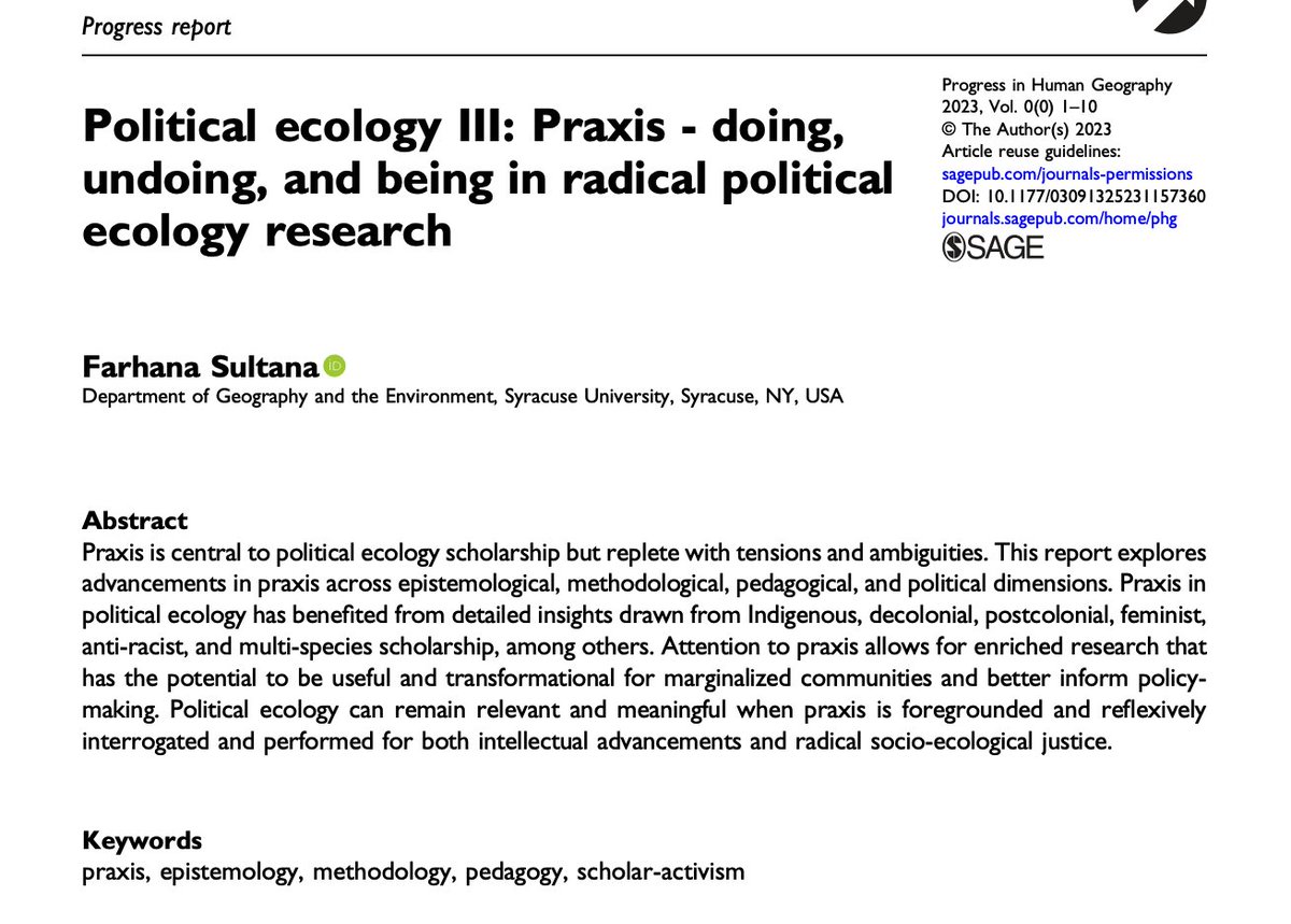 ✨Publication alert✨

My third & final Progress Report in #PoliticalEcology is out in @ProgHumGeog!

'Political ecology III: Praxis - doing, undoing, and being in radical political ecology research'

I focus on #Relevance #Praxis #ScholarActivism➡️

tinyurl.com/38wsa4aj
1/