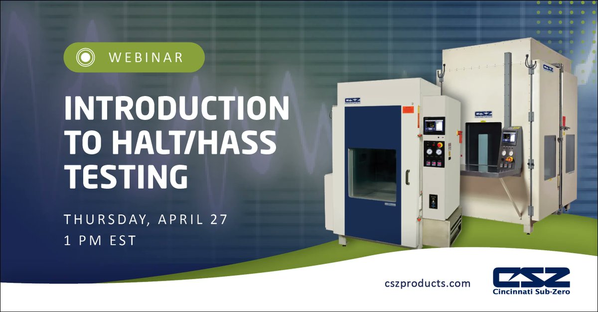 CSZ_TestChambr's tweet photo. Improve your product reliability and reduce warranty costs with HALT/HASS testing.
Join our upcoming webinar, Introduction to HALT/HASS Testing, on April 27th at 1:00 PM EST.
Register now at the link below!
https://t.co/gpXcDsDdxf
#HALT #HASS #productreliability #manufacturing https://t.co/v1rfjRe9zX