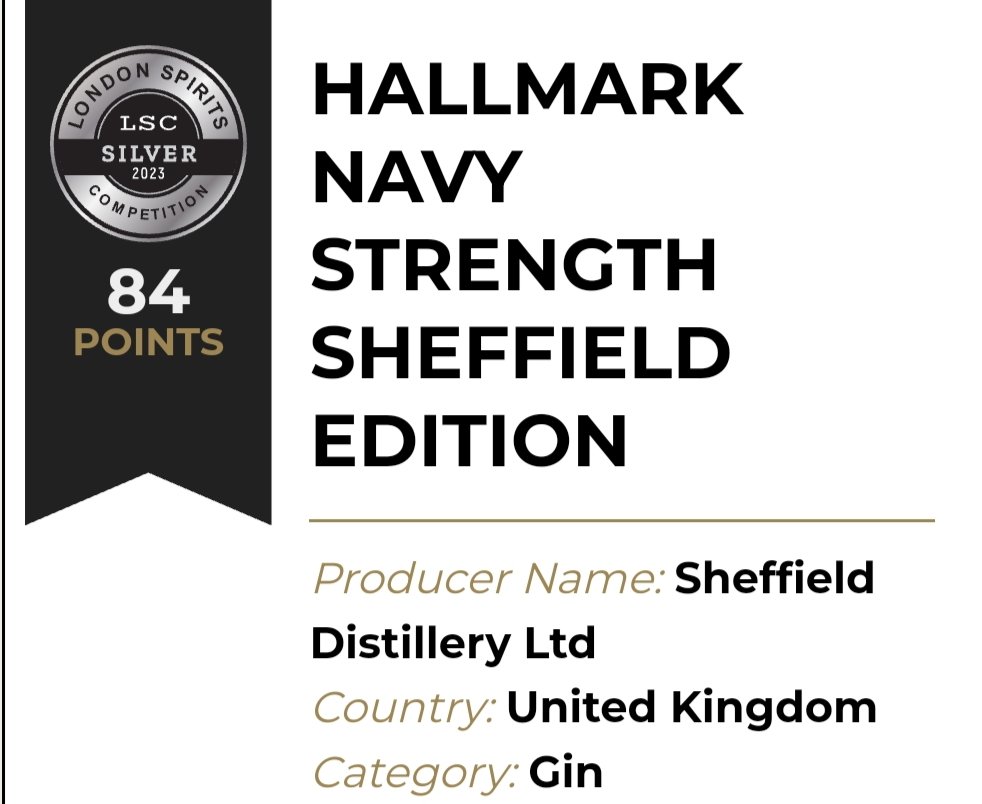 SheffieldAssay's tweet photo. We're so happy to announce that Sheffield Distillery has won a Silver Award for their Hallmark Sheffield Edition Gin at the #london #spirits #Awards2023 with 84 points!!! #Awardwinning #chapeltown #sheffield https://t.co/1ZOchl4xFn