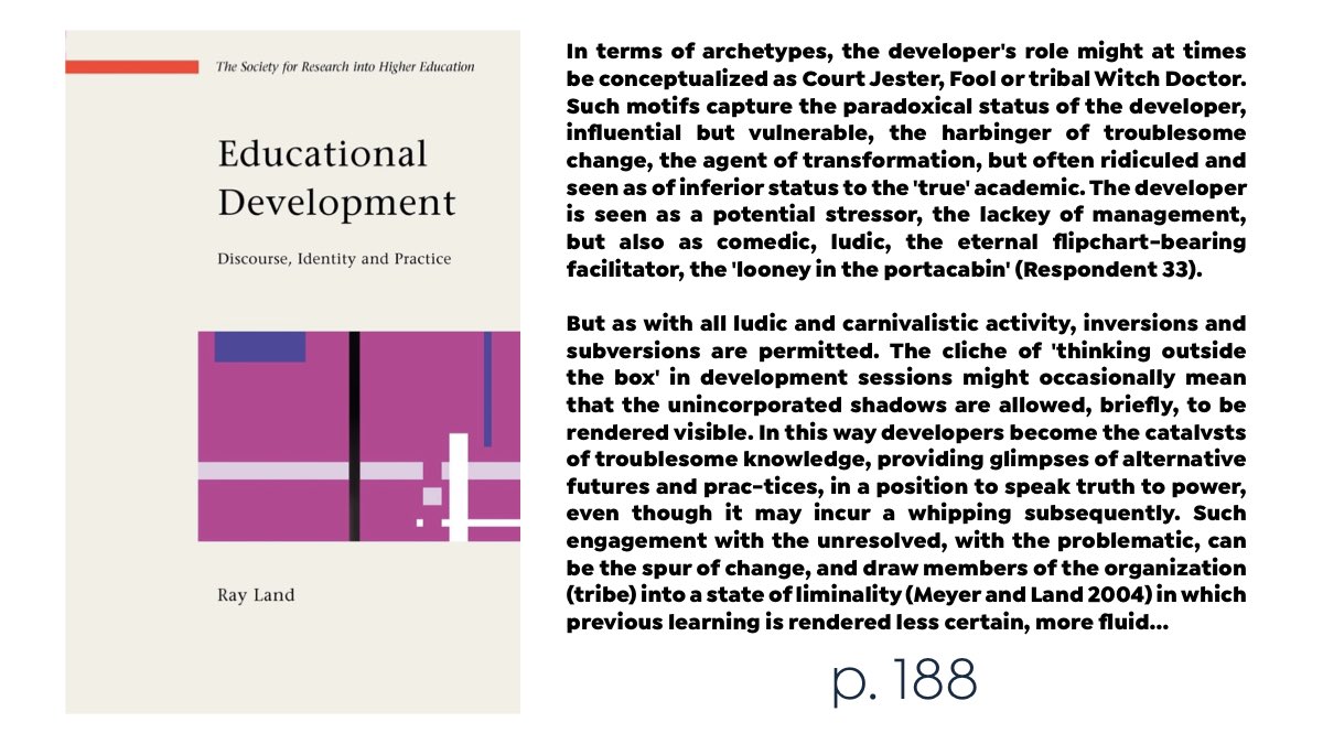 hintondm's tweet photo. Exploring the role of the #EducationalDeveloper / #AcademicDeveloper / #FacultyDeveloper in #HigherEducation. So many amazing metaphors and ideas have emerged.
This excerpts from p188 of Ray Land’s Educational Development book. https://t.co/4FedKR3WOA