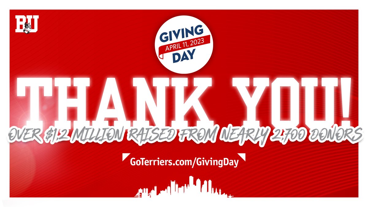BUAthletics's tweet photo. Another incredible #BUGivingDay is in the books‼️

All of us at BU Athletics would like to send a huge THANK YOU to all of you across Terrier Nation who made this such a huge success.

Over $1.2 million raised from nearly 2,700 donors! 🙌

#ProudToBU 🐾

https://t.co/9TDaSbufqs https://t.co/cax8RC0zkI