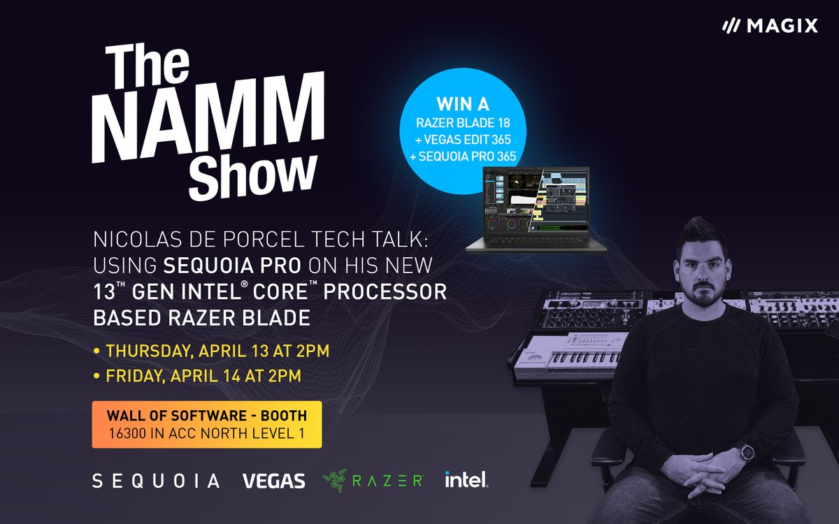 Zufällig gerade in Anaheim?

Dann besucht uns auf der 
<a href="/NAMMShow/">NAMMShow</a> 2023!

Es erwartet euch ein #TechTalk mit Mastering Engineer <a href="/nickdep/"></a>, der #SequoiaPro auf seiner neuen <a href="/intel/">Intel</a> &amp; <a href="/Razer/">R Λ Z Ξ R</a> Hardware zeigen wird.

Wir freuen uns auf dich!

#NAMMShow #MAGIX #Sequoia #Vegas #Razer #Intel