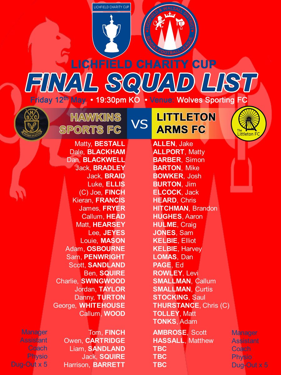 Coggers_LFC's tweet photo. LICHFIELD CHARITY CUP 
SQUADS ANNOUNCED

Littleton Arm FC &amp; Hawkins Sports FC have today announced the squads available for the Final on Friday 12th May.

#UPTHECOGGERS 🟡⚫️🟡⚫️ https://t.co/suKfVPPiiO
