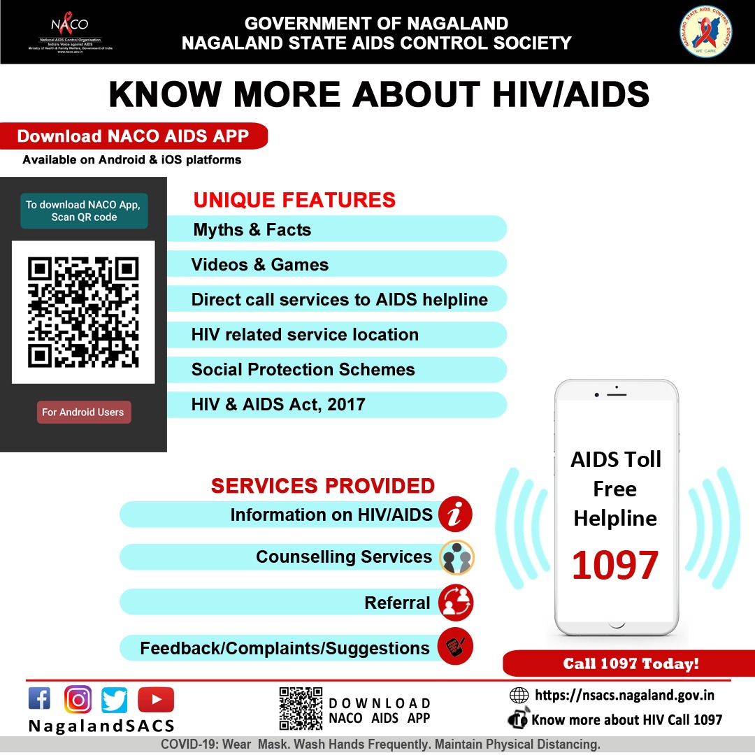 Get more information about HIV/AIDS, dial 1097 or download NACO AIDS App. 
#WeCare #StopAIDS #Learn  #PreventHIV
@NACOINDIA @MyGovNagaland @HealthNagaland @NagalandNhm @dipr_nagaland @SDGCCNagaland @dcmon_ngl @Phek_DC @DcTuensang @DCKiphire @DC_MKG @DC_MKG @DC_Dimapur @DC_Wokha
