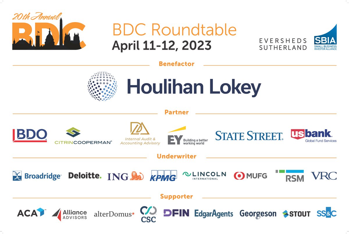 ESbdcteam's tweet photo. Good morning from the final day of the 2023 BDC Roundtable in Washington, DC! We’d like to extend our deepest thanks to our sponsors for making this year’s event a success. @SmallBusinessPE #BDCRT2023 https://t.co/ZBVYYItCN6