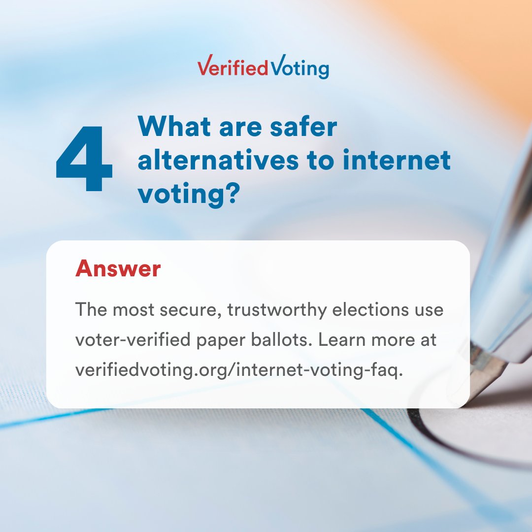 Verified Voting (@verifiedvoting) on Twitter photo Verified Voting’s new one-pager explains exactly why “electronic ballot return,” a.k.a. “internet voting,” jeopardizes your right to vote securely, independently, and privately. Get the complete answers to #InternetVoting frequently asked questions here: verifiedvoting.org/publication/el… Verified Voting’s new one-pager explains exactly why “electronic ballot return,” a.k.a. “internet voting,” jeopardizes your right to vote securely, independently, and privately. Get the complete answers to #InternetVoting frequently asked questions here: verifiedvoting.org/publication/el…