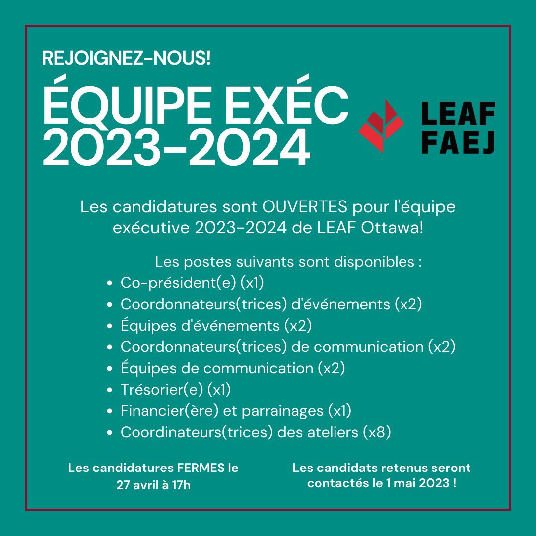 LEAFOtt's tweet image. Salut tout le monde, LEAF Ottawa embauche!

Nous accepterons les candidatures par e-mail et nous avons hâte d'avoir de vos nouvelles !

Veuillez consulter notre page Facebook pour plus d'informations sur les détails de l'application et nos postes disponibles.