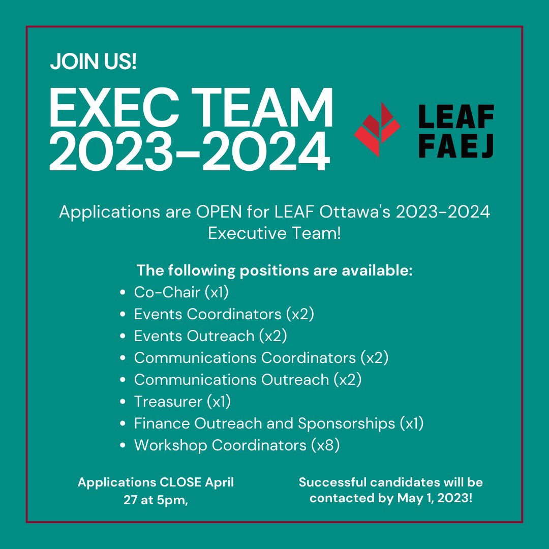 LEAFOtt's tweet image. Hey everyone, LEAF Ottawa is hiring!

We will be accepting applications via email and we can’t wait to hear from you!

Please see our Facebook Page for more information about application details and our available positions.