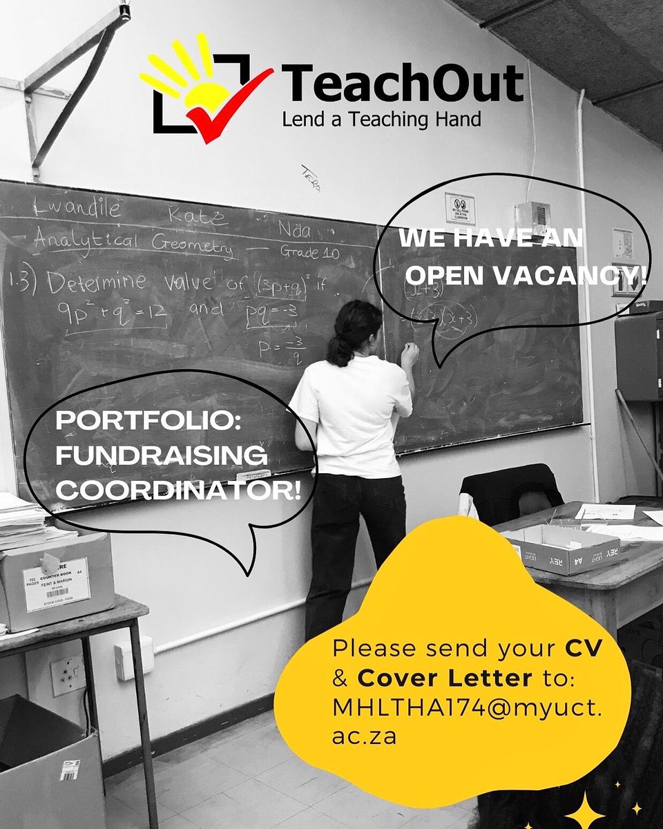 TeachOutUCT's tweet photo. Calling on all UCT students! 📣

We are currently on the look out for someone who’ll join our committee as the FUNDRAISING COORDINATOR. 

The deadline is the 20th of April 
Should you be interested, please send your CV and Cover Letter to MHLTHA174@myuct.ac.za 
Best of luck! https://t.co/mpCIRVHaOj