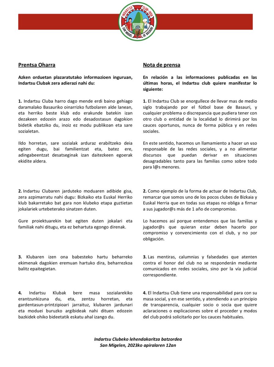 IndartsuClub's tweet photo. 📣 𝐏𝐫𝐞𝐧𝐭𝐬𝐚 𝐨𝐡𝐚𝐫𝐫𝐚

Azken orduetan plazaratutako informazioen inguruan.

📣 𝐍𝐨𝐭𝐚 𝐝𝐞 𝐩𝐫𝐞𝐧𝐬𝐚

En relación a las informaciones publicadas en las últimas horas.

#aupaindartsu https://t.co/RdhqGc1qE3
