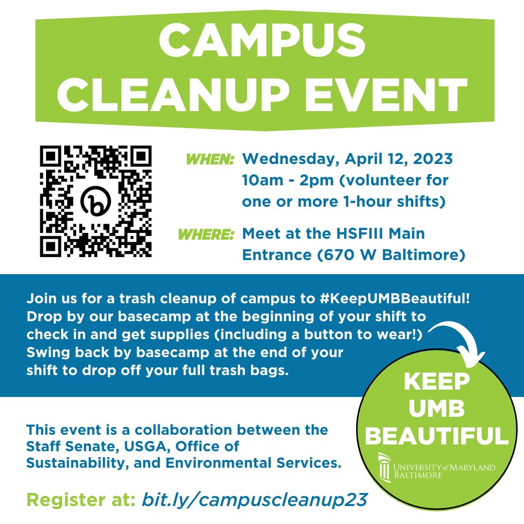 UMB Staff Senate (@umstaffsenate) on Twitter photo JOIN US TODAY! It's Campus Cleanup Day! It's not too late to pitch in! Sign up still open in-person! 10 am-2 pm. Meet at the HFSIII main entrance. See you there! <a href="/SustainableUMB/">UMB Sustainability</a> JOIN US TODAY! It's Campus Cleanup Day! It's not too late to pitch in! Sign up still open in-person! 10 am-2 pm. Meet at the HFSIII main entrance. See you there! <a href="/SustainableUMB/">UMB Sustainability</a>