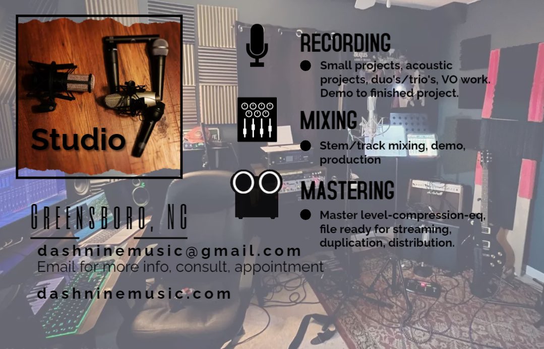 tonyandrewsmusi's tweet photo. Slots available for small project recording, mixing, mastering! Email dashninemusic@gmail.com for more info!

#recording #studio #recordingstudio #mixing #mastering #music #studioengineer #audio #dashninestudio #dashninemusic #greensboronc https://t.co/LWtt0NeoS0