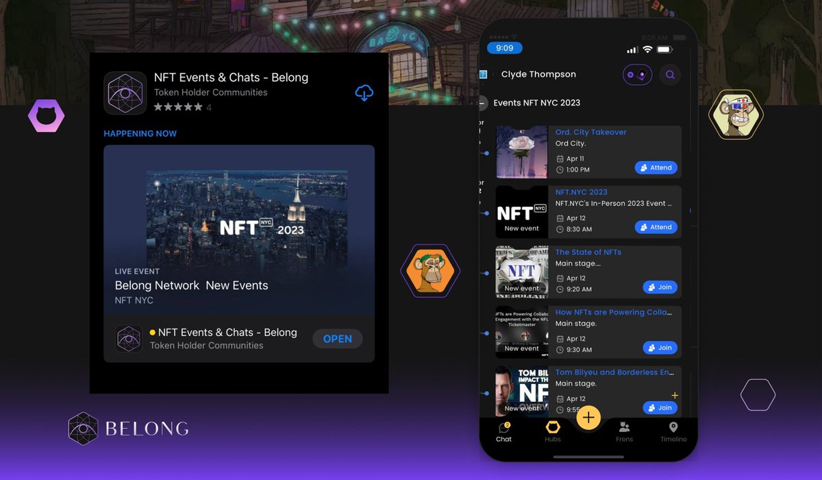 belongnet's tweet image. Want to find the best events at NFT NYC?
Networking? Partying? Learning?

Find it all on Belong Hubs! Find, register, and attend all sorts of events at the tip of your finger.

Will you use Belong? Let us know to enter a free mint raffle!

Download Now: app.belong.net/f/hubs/642c1e9…