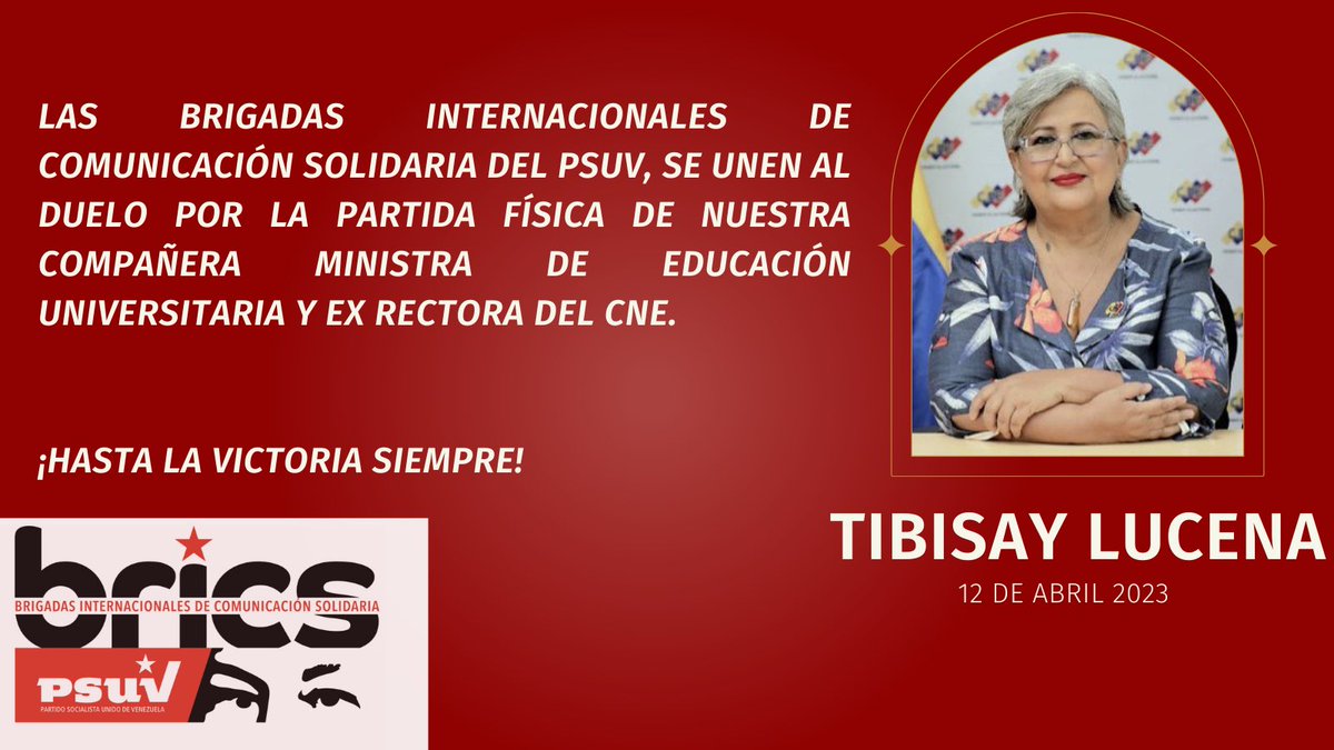 Nos unimos al dolor del pueblo venezolano por la partida física de nuestra compañera @TibisayLucena8 
Desde aquí enviamos nuestras sinceras condolencias a sus familiares y amig@s.

¡Hasta la Victoria siempre! 

@PartidoPSUV 

#TibisayGuerreraDeLaLuz