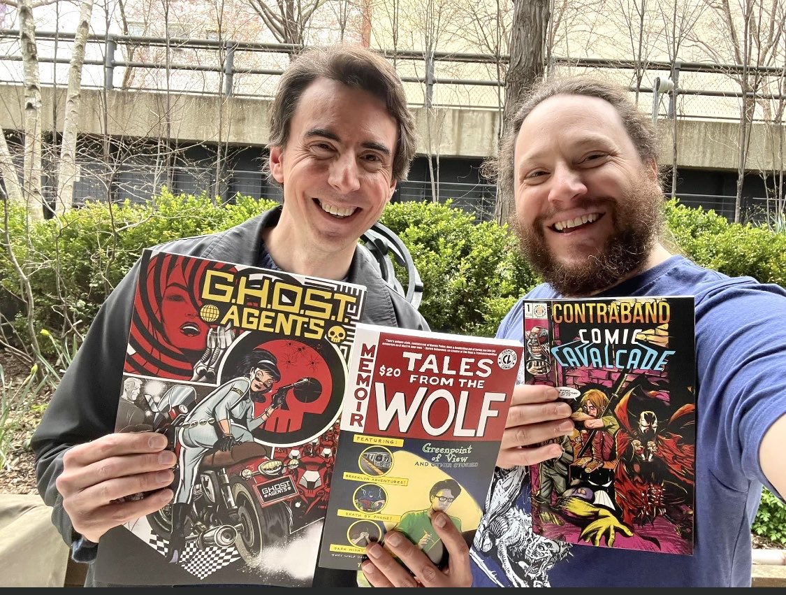 tonywolfness's tweet photo. got to hang out with Eli Schwab ⁦@Elonifi⁩ in person last week, and some of the Cosmic Lion publishing line of books! 😄 w/ the work of ⁦@RockoJerome⁩ ⁦@Meeseymoe⁩ ⁦@SamJRoyale⁩ Barry Tan &amp; more! https://t.co/WtXgm6tcVM