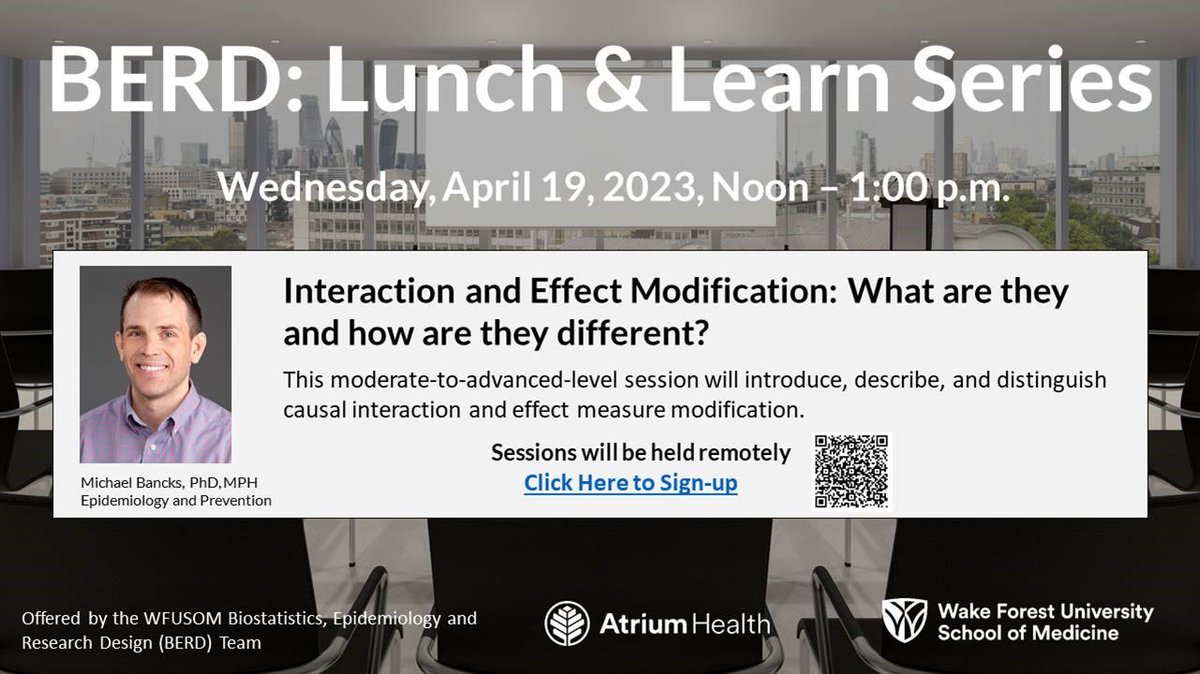The next seminar in our joint series, 'Interaction and Effect Modification: What are they and how are they different?', will be on 4/19 at 12pm ET. This event is being cross-promoted by the CTSA-funded BERD Cores at UNC-Chapel Hill, Wake Forest, and Duke