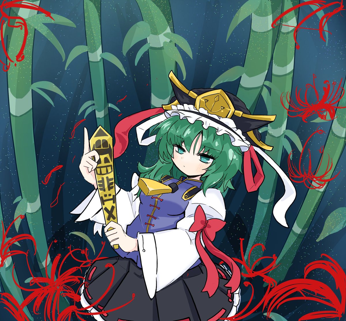 shiki eiki 1girl bamboo hat rod of remorse solo green hair skirt  illustration images
