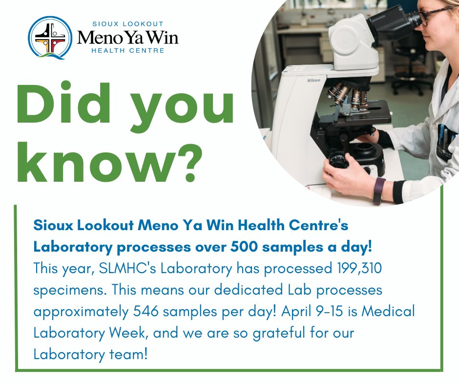 This week is National Medical Laboratory Week, and #DidYouKnow SLMHC's Lab processes over 500 samples a day! Happy #LabWeekON and #MedLabThx to our amazing lab team for going above and beyond in quality care and service! #LabsSaveLives