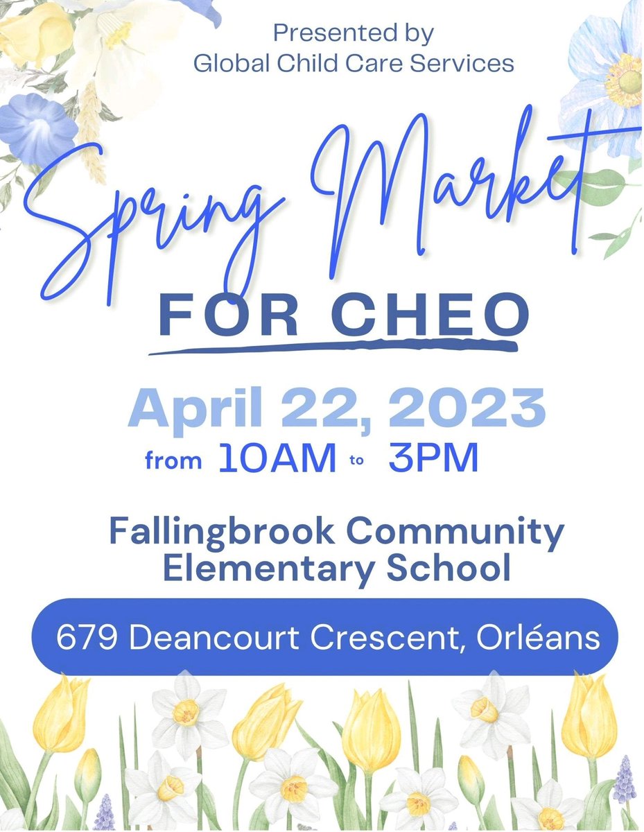 Mark your calendars: Spring Market for CHEO on Saturday, April 22nd from 10 am to 3 am, in the school gym!

Learn more at instagram.com/global.falling…
