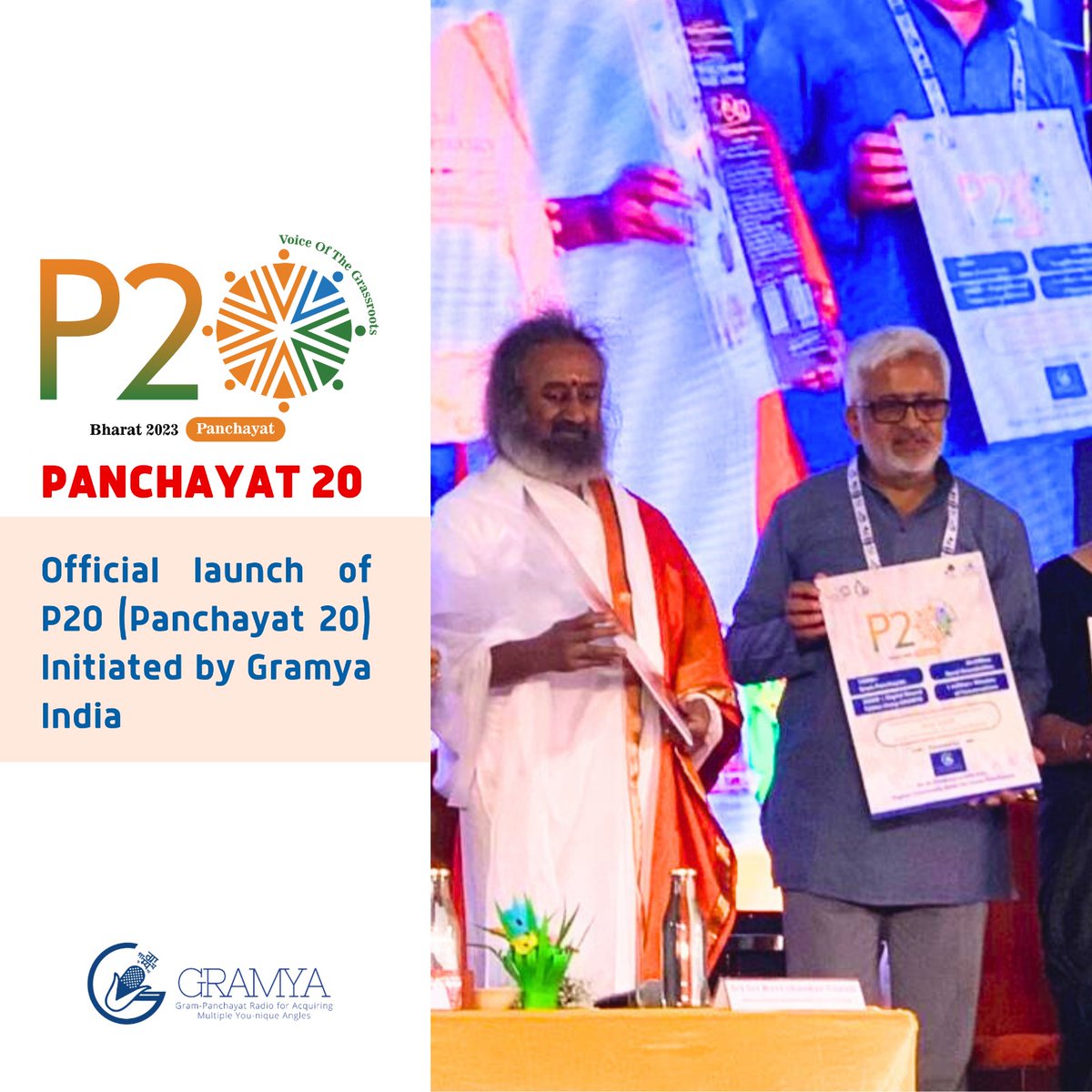 GramyaIndia's tweet photo. GRAMYA founders' @pushkarocks @journogour brainchild Panchayat20 or P20 launched by Gurudev @SriSri Ravishankar at the @C20IndiaIHH @IndiaG2O International Conference on Delivering Democracy.
Looking forward to Sarpanch Roundtables for grassroot inclusion in G20 resolutions. https://t.co/yPsNL15MW2