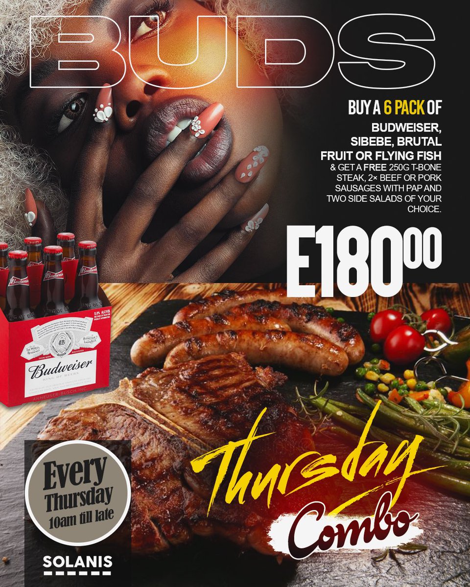 solanis_SD's tweet photo. It doesn’t get better than this… 🔥
🚨#BudsThursday COMBO SPECIAL ❗️
Get a full #Shisanyama meal with either #BrutalFruit #Sibebe #FlyingFish or #Budweiser for E180 only!
Let’s vibe to the music sounds in style.
#Solanis
#WePassionateAboutYou https://t.co/DdcmlKPe8v