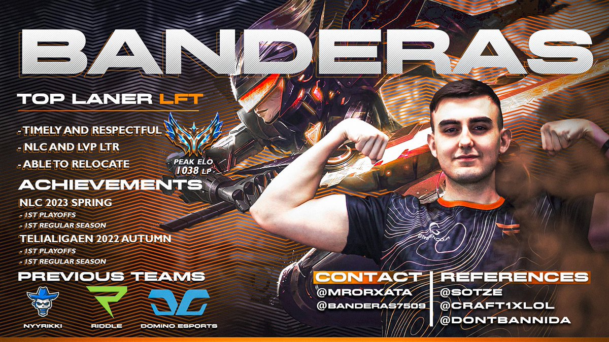 I'm still contracted with <a href="/RiddleEsports/">RIDDLE</a> until EMEA Masters 2023 Spring where I will be a free agent, but I am allowed to explore options.

Vods are available upon request.

Spanish and Nordic residency.

Contact : <a href="/MrOrxata/">Joel ~ MrOrxata 🥛</a> 

Likes and retweets are suuuper appreciated 🫡❤️