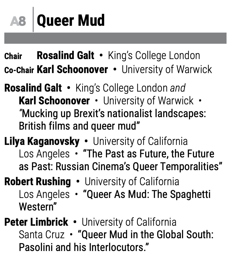 A8: "Queer Mud" Wednesday 9am
featuring Rosalind Galt, Karl Schoonover, Lilya Kaganovsky, Robert Rushing and Peter Limbrick
