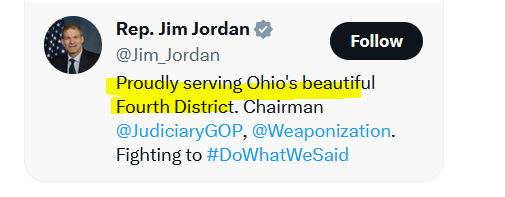 jaxredkar's tweet photo. @Jim_Jordan Did you read your own profile? Proudly serving Ohio - not New York!  Are you confused?  @ManhattanDA @NewYorkStateAG https://t.co/U1RsuvY3GY