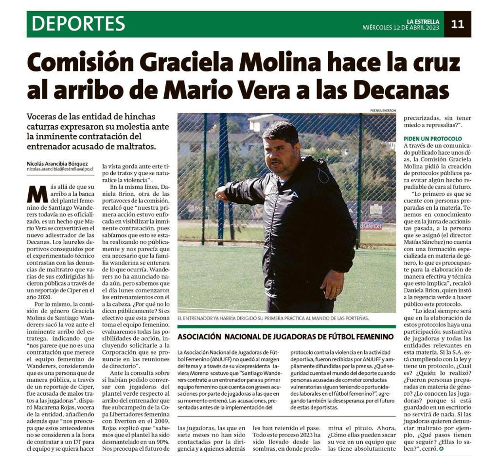Seguimos manifestándonos contra la inminente contratación de Mario Vera como entrenador de las Decanas. Las prácticas violentas no deben tener espacio ni en el fútbol, ni en Santiago Wanderers. 
¡La violencia no es juego!

#NuncaMasSinNosotras #Wanderers  #LaViolenciaNoEsUnJuego