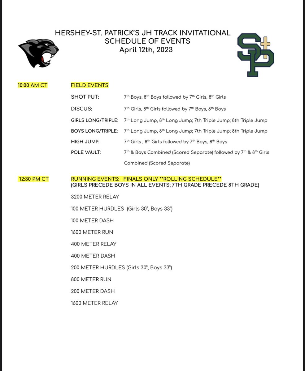 Back at it today! Order of events for Junior High at the NPSP/Hershey meet. Good luck athletes!