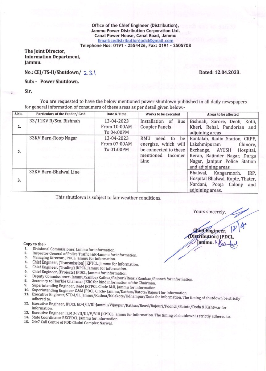 Jammu Power DISCOM (@jpdclofficial) on Twitter photo Power Shutdown Notice! @ShivAnantTayal <a href="/diprjk/">Information & PR, J&K</a> <a href="/infjammu/">Information & PR (JD Jammu)</a> <a href="/ANI/">ANI</a> <a href="/PIBSrinagar/">PIB in Jammu Kashmir & Ladakh</a> <a href="/CrossTownNews/">Cross Town News</a> <a href="/JAMMULINKS/">JAMMU LINKS NEWS</a> <a href="/ddnews_jammu/">DD NEWS JAMMU | डीडी न्यूज़ जम्मू</a> <a href="/radionews_jammu/">Akashvani News Jammu</a> <a href="/PublishThe/">The Publish</a> <a href="/jkchanneltv/">JK CHANNEL</a> <a href="/jkmediasocial/">JK Media</a> <a href="/State_Times/">State Times</a> <a href="/DailyExcelsior1/">Daily Excelsior</a> <a href="/ITJPDCL/">IT&C Division, JPDCL; J&K PDD, Jammu</a> Power Shutdown Notice! @ShivAnantTayal <a href="/diprjk/">Information & PR, J&K</a> <a href="/infjammu/">Information & PR (JD Jammu)</a> <a href="/ANI/">ANI</a> <a href="/PIBSrinagar/">PIB in Jammu Kashmir & Ladakh</a> <a href="/CrossTownNews/">Cross Town News</a> <a href="/JAMMULINKS/">JAMMU LINKS NEWS</a> <a href="/ddnews_jammu/">DD NEWS JAMMU | डीडी न्यूज़ जम्मू</a> <a href="/radionews_jammu/">Akashvani News Jammu</a> <a href="/PublishThe/">The Publish</a> <a href="/jkchanneltv/">JK CHANNEL</a> <a href="/jkmediasocial/">JK Media</a> <a href="/State_Times/">State Times</a> <a href="/DailyExcelsior1/">Daily Excelsior</a> <a href="/ITJPDCL/">IT&C Division, JPDCL; J&K PDD, Jammu</a>