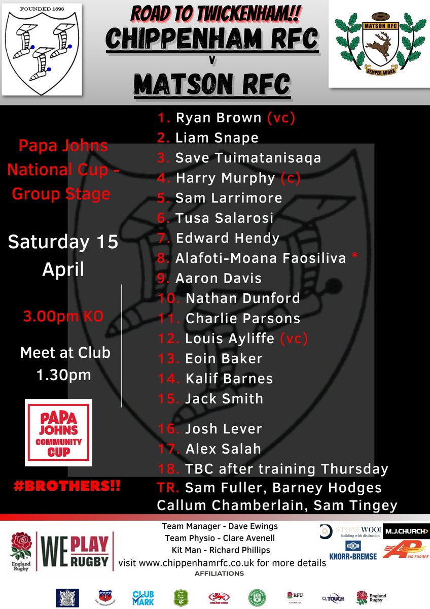ChippenhamRFC's tweet photo. Chippenham RFC Squad Update

We proudly confirm the 1sts Squad playing at home v @RfcMatson on Saturday - 3.00pm KO

Respect to everyone playing for the #Chippenham badge this weekend

#Brothers #RugbyFamily #SWRugby https://t.co/w18pHfwiWN