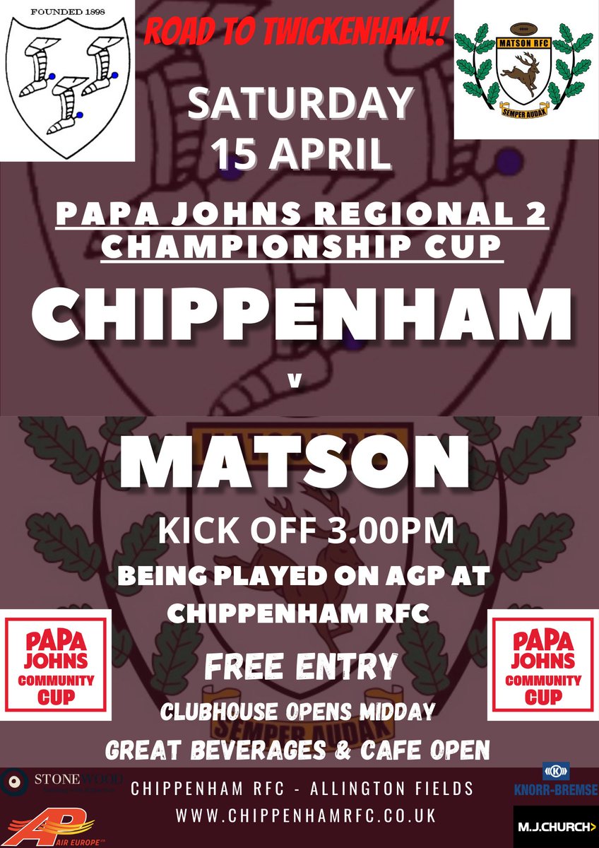 Chippenham RFC Squad Update

We proudly confirm the 1sts Squad playing at home v <a href="/RfcMatson/">Matson RFC</a> on Saturday - 3.00pm KO

Respect to everyone playing for the #Chippenham badge this weekend

#Brothers #RugbyFamily #SWRugby