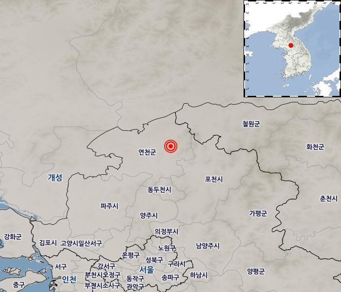 [지진정보] 04-12 22:45 경기 연천군 북북동쪽 4km 지역 규모2.1 계기진도 : 최대진도 Ⅱ(경기)