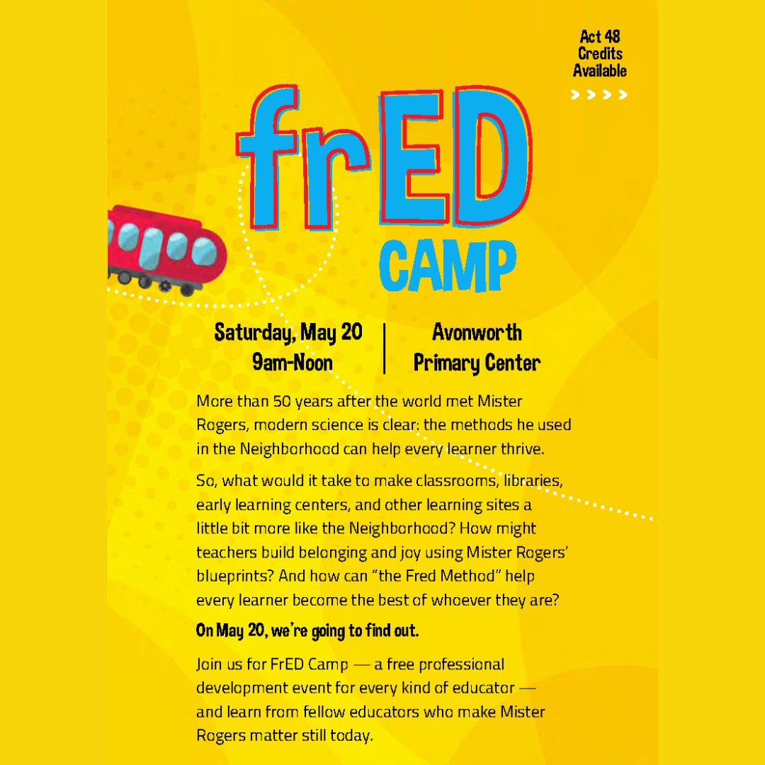 Avonworthschool's tweet photo. Attention educators!
Register TODAY!
There are two ways to sign up:
https://t.co/p6nVnKQ9ZH
https://t.co/bbswp1dgOZ
#remakelearningpgh #fredrogers #parentsasallies #ProjectFUEL #kidsburghpgh https://t.co/tE89xS9OEy