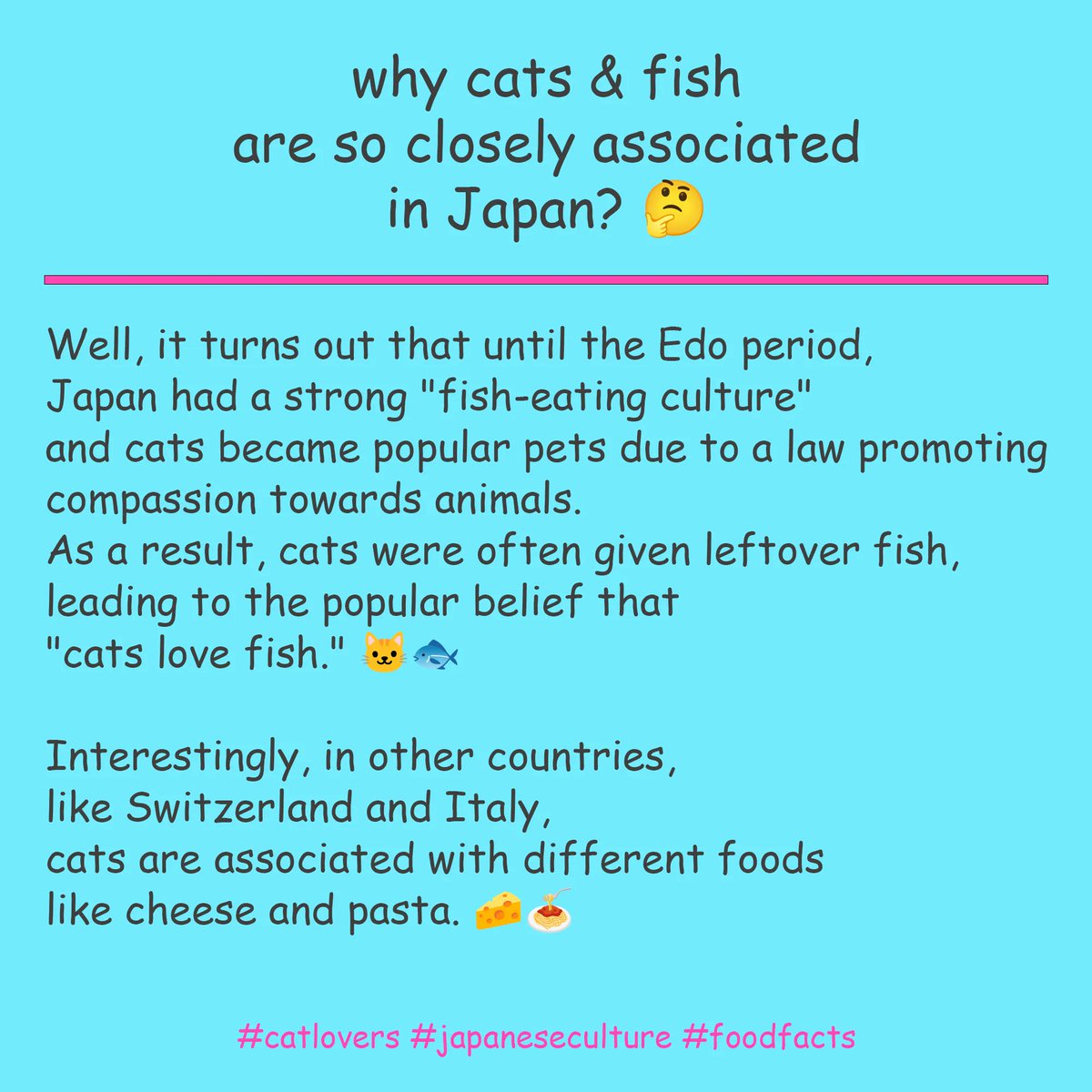 Dougen_Export's tweet photo. Why cats and fish 🐱🐟 are so closely associated in Japan? 🤔
While in Switzerland cats like cheese? in Italy cats like pasta?!🙀 

#catlovers #japaneseculture #foodfacts #Dougen #JapaneseFish #fishexporter #fishtrade #fishing #seafood #fishlover #seafoodlover #fishlove #fishfood https://t.co/yIupLZt9rl