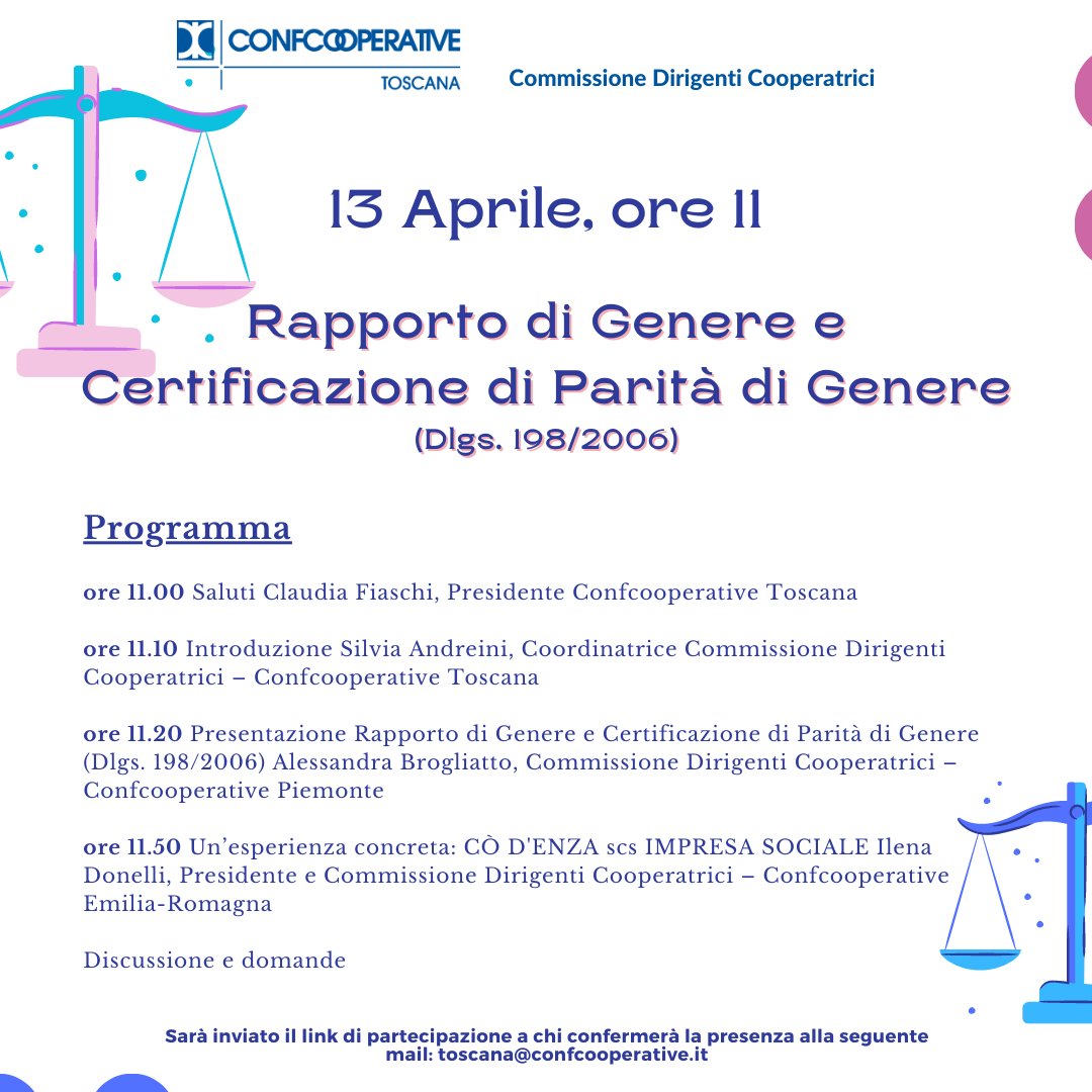 Confcooperative Toscana (@toscanaconfcoop) on Twitter photo Presentazione CERTIFICAZIONE PARITA' DI GENERE (Dlgs. 198/2006) , domani 13 aprile ore 11 (su piattaforma meet)
<a href="/Confcooperativ1/">Confcooperative</a> Presentazione CERTIFICAZIONE PARITA' DI GENERE (Dlgs. 198/2006) , domani 13 aprile ore 11 (su piattaforma meet)
<a href="/Confcooperativ1/">Confcooperative</a>