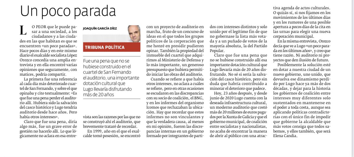 Este es mi último artículo publicado hoy en el diario @elprogreso_Lugo una reflexión sobre la gestión de los gobiernos de coalición en el Concello de Lugo durante los últimos años, que llevaron a que Lugo esté parada @PPConcelloLugo @GPPopular @ppopular joaquingarciadiez.blogspot.com/2023/04/un-poc…