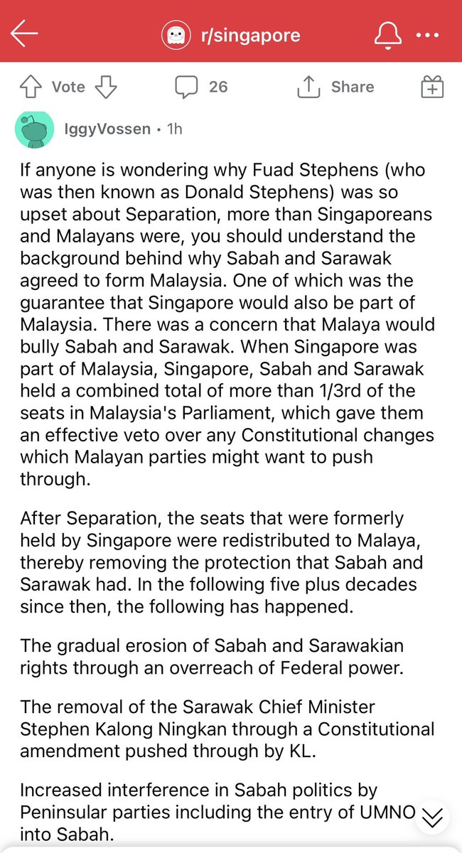 boosulyn's tweet image. One of the reasons why Sabah &amp;amp; Sarawak agreed to form Malaysia was the guarantee that Singapore would also be a part of 🇲🇾. 

“There was a concern that Malaya would bully Sabah and Sarawak.”

After Separation, Singapore’s former parliament seats were redistributed to Malaya.